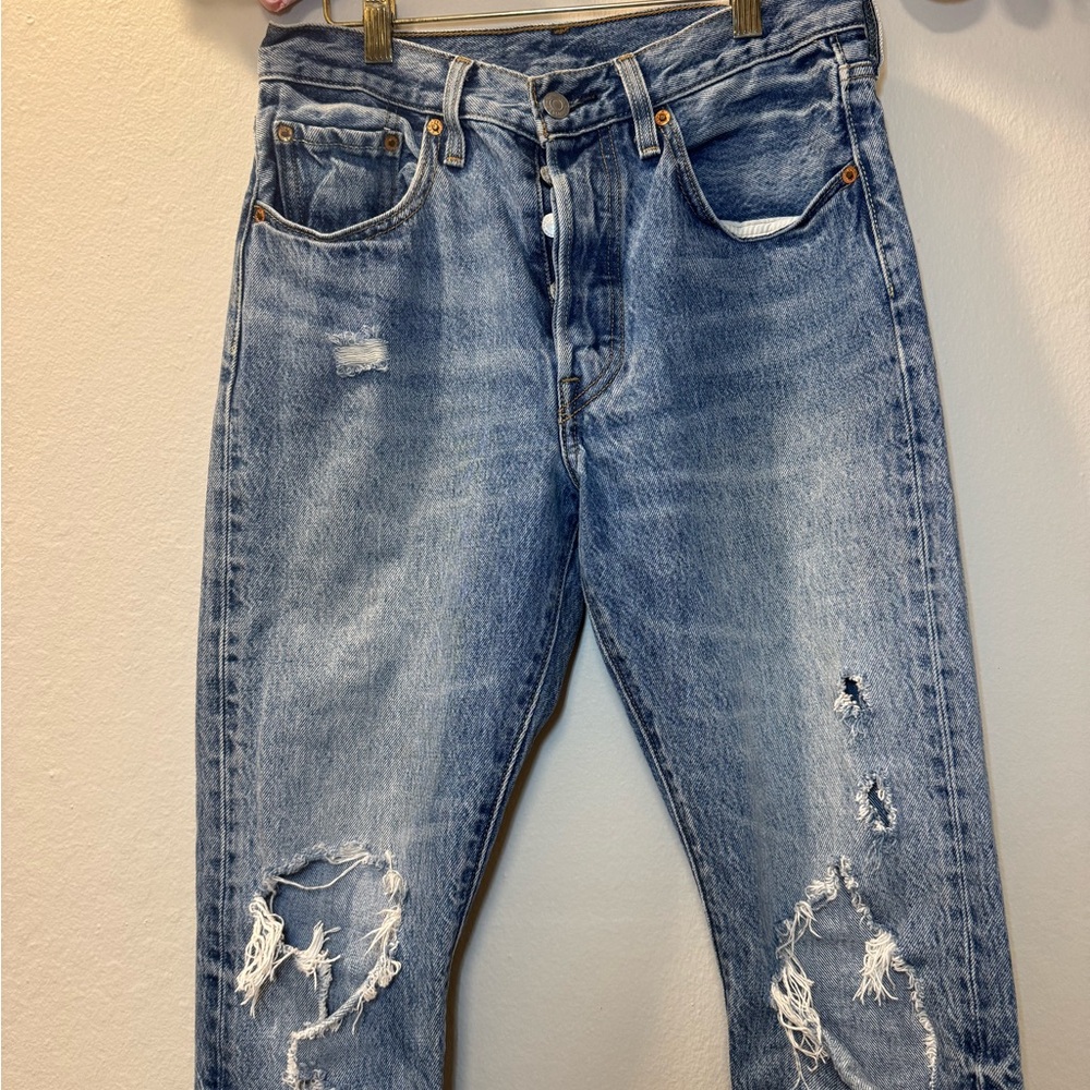 Slim Straight Distressed Light Blue Men's Jeans - Picture 2 of 16